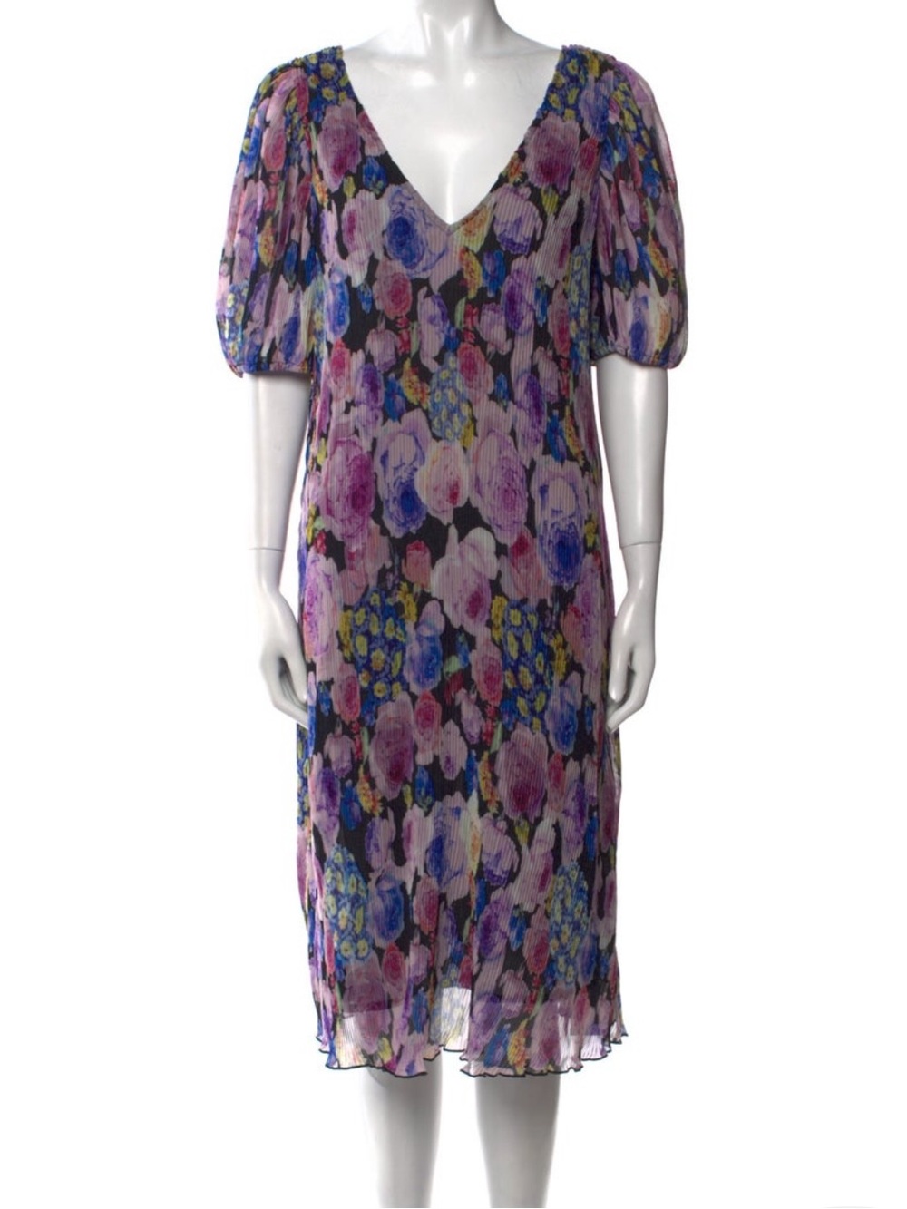 Ganni Purple Floral Midi Dress with Puff Sleeves